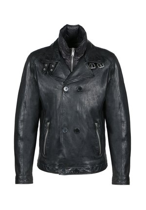 Veste en cuir noir avec un design croisé, fermetures à glissière et à bouton, deux poches latérales et un col doublé matelassé.