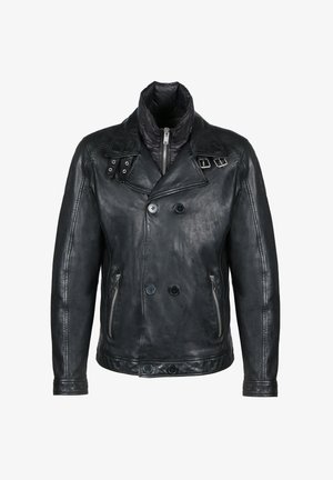 Giacca di pelle nera con design a doppio petto, chiusura con zip e bottoni, due tasche laterali e rivestimento del colletto trapuntato.