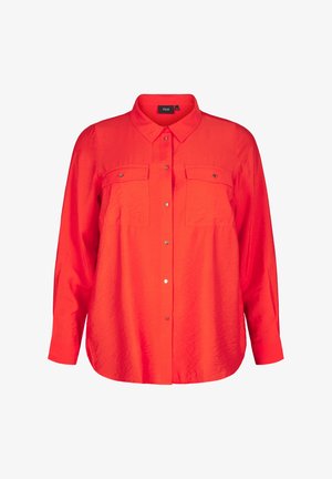 Rød, langærmet skjorte med krave, to brystlommer og knaplukning foran. Lavet af letvægts, tekstureret stof.