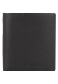 Black leather wallet with a smooth texture, bi-fold design, and embossed logo on the lower right corner. Simple and minimalist appearance.