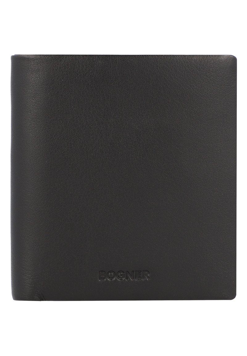 Black leather wallet with a smooth texture, bi-fold design, and embossed logo on the lower right corner. Simple and minimalist appearance.