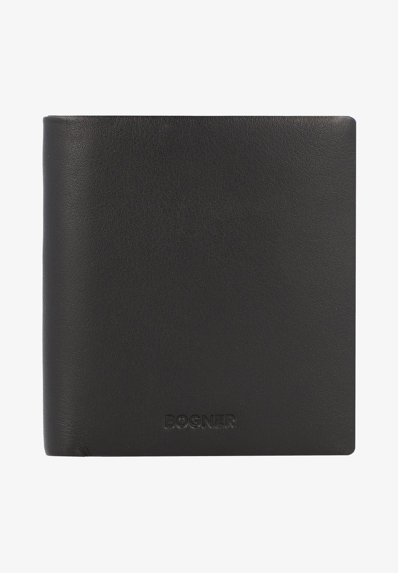 Black leather wallet with a smooth texture, bi-fold design, and embossed logo on the lower right corner. Simple and minimalist appearance.