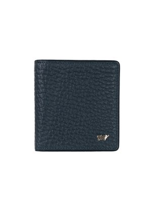 Portafoglio in pelle nera strutturata con angoli arrotondati e un piccolo emblema d'argento a forma di toro nell'angolo in basso a destra.