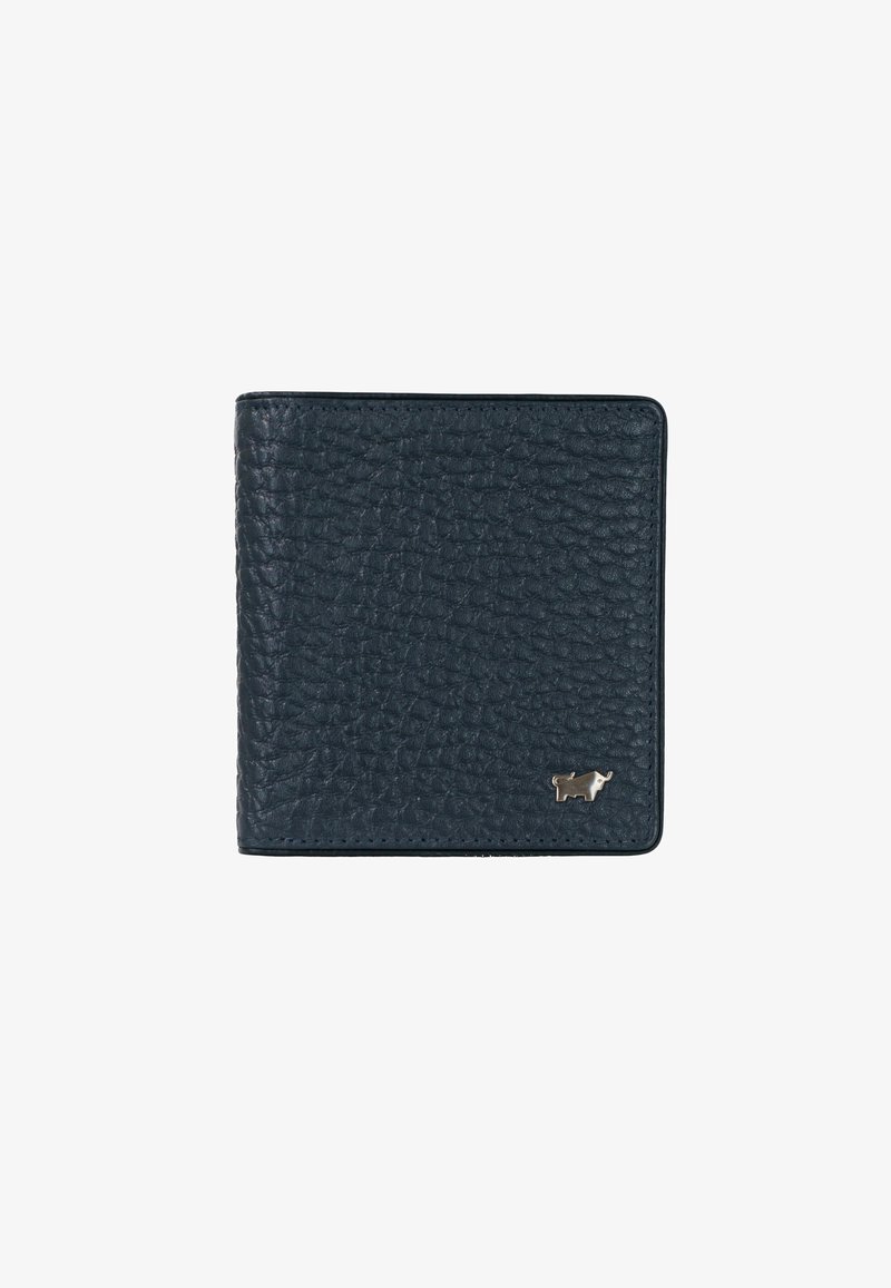 Portafoglio in pelle nera strutturata con angoli arrotondati e un piccolo emblema d'argento a forma di toro nell'angolo in basso a destra.