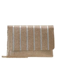 Torebka kopertówka o złotej teksturze z srebrnymi paskami. Ma płaski kształt, magnetyczne zapięcie oraz odpinany łańcuszek na ramię.