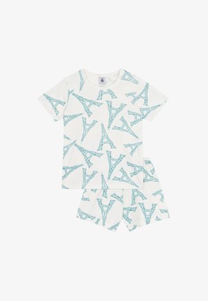 Pijama pour tout-petit à manches courtes blanches avec un short assorti, imprimé de motifs bleus clairs de la Tour Eiffel sur toute la surface.