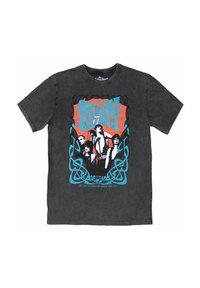 Black cotton t-shirt featuring a vibrant graphic design. Front displays "Rolling Stones" in blue and red with four figures and a knot pattern.