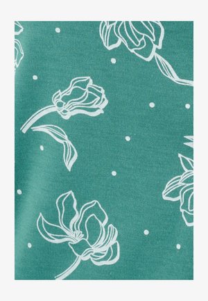 Petrolfarbenes Stoff mit weißen Blumenumrissen und kleinen weißen Punkten, mit glatter Textur und lässigem Design.