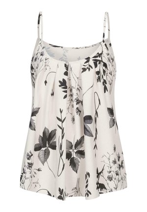 Floral camisole in light cream, featuring black botanical prints. Soft fabric with thin straps and pleated design for a relaxed fit.