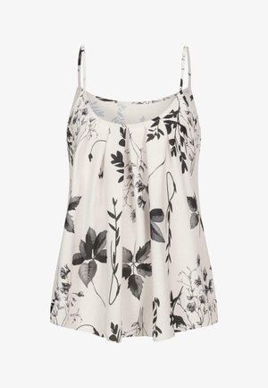 Gėlėtas palaidinukas šviesiai kreminės spalvos, su juodais botaniniais raštais. Minkšta medžiaga, plonais petnešomis ir raukšlėtu dizainu, sukuriantis laisvą prigludimą.