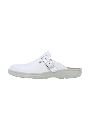 Weißer Slip-On-Clog mit verstellbarem Schnallenriemen und gepolsterter Sohle, für Komfort und einfaches Anziehen konzipiert.