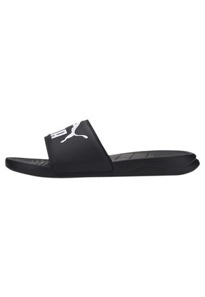 Infradito neri in materiale sintetico, con una fascia ampia e un grande logo bianco. Suola testurizzata per una buona aderenza, design minimale.