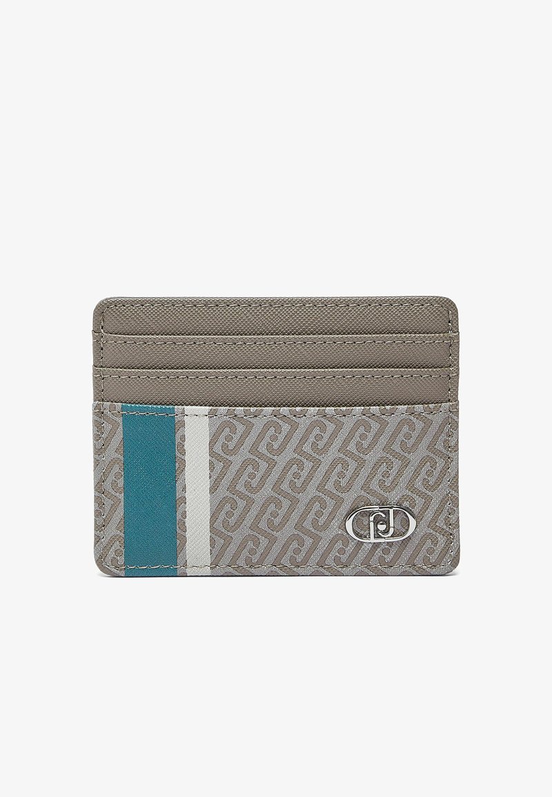 Slank beige kortholder med præget geometrisk mønster, to lodrette striber i mintgrøn og hvid, og en sølvfarvet metal logoemblem.