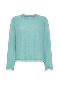 Top a maniche lunghe blu chiaro realizzato in tessuto testurizzato, con scollo rotondo e dettagli a orlo sfrangiato. Vestibilità rilassata con spalle scese.