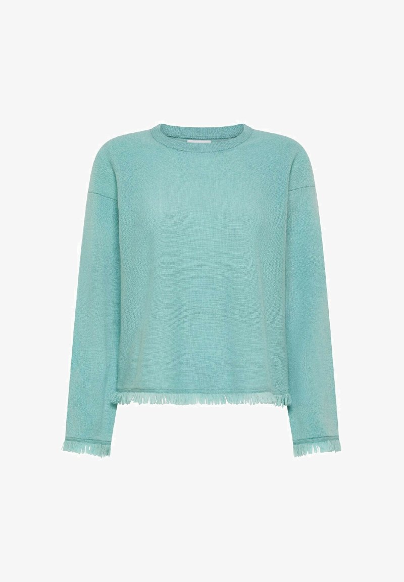 Top a maniche lunghe blu chiaro realizzato in tessuto testurizzato, con scollo rotondo e dettagli a orlo sfrangiato. Vestibilità rilassata con spalle scese.