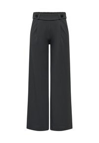 Pantalon noir à jambes larges, taille haute, dos élastique, plis à l'avant et deux boutons décoratifs à la taille.
