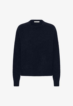 Tume sinine kootud sveter pikkade varrukatega, ümar kaelus ja mugav lõige. Pehme tekstuuriga, millel on õrnad kudumisvariatsioonid.