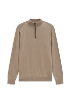 Beiger Pullover mit langen Ärmeln, halbem Reißverschluss am Kragen sowie gerippten Bündchen und Saum, flach auf weißem Hintergrund liegend.