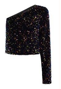 Top nero a spalla sola decorato con paillettes multicolori, caratterizzato da un design aderente e una manica lunga da un lato, texture liscia.