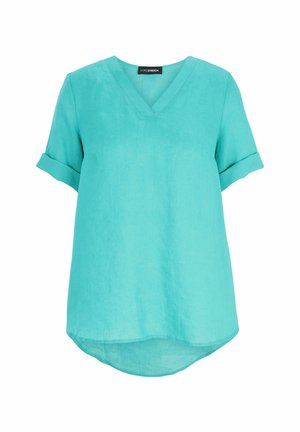 Turquoise short-sleeve top with a V-neck, made from a lightweight fabric. Features rolled cuffs and a slightly curved hem.