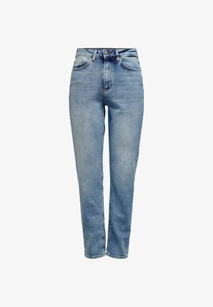 Jeans en denim taille haute bleu clair avec poches avant, fermeture à bouton et jambes slim droit sur un fond blanc.