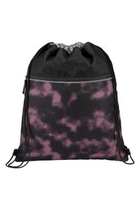 Mochila tipo saco en negro con un patrón de puntos rosa y negro. Cuenta con un bolsillo frontal con cremallera y un tejido suave y texturizado.