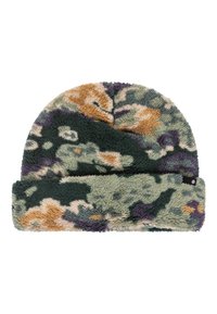 Fleece hue i camouflage mønster med grønne, brune og lilla nuancer. Blød tekstur med en foldet kant og lille logomærke.