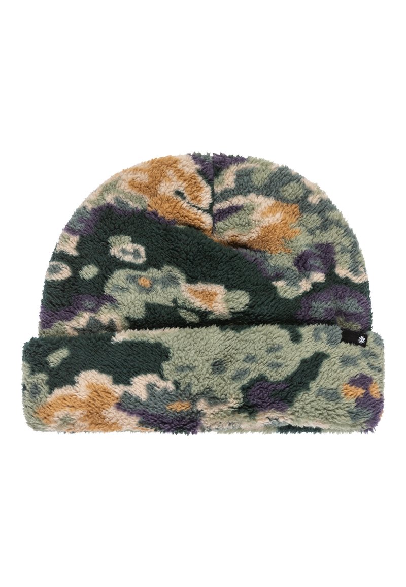 Fleece hue i camouflage mønster med grønne, brune og lilla nuancer. Blød tekstur med en foldet kant og lille logomærke.