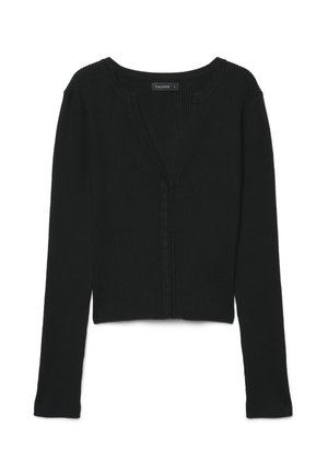 Cardigan corto nero a coste con maniche lunghe, piccolo scollo a V e chiusura frontale con bottoni, taglia piccola, etichetta con su scritto "CALLIOPE."