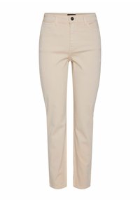 Beezist puuvillased püksid, slim-fit lõikega, esiküljel taskud, lukuga ja nupuga kinnitamine. Omab minimalistlikku disaini, ilma mustrite või kaunistusteta.