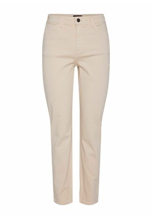 Beige cotton pants with a slim fit, front pockets, a zip fly, and button closure. Features minimalistic design with no patterns or embellishments.