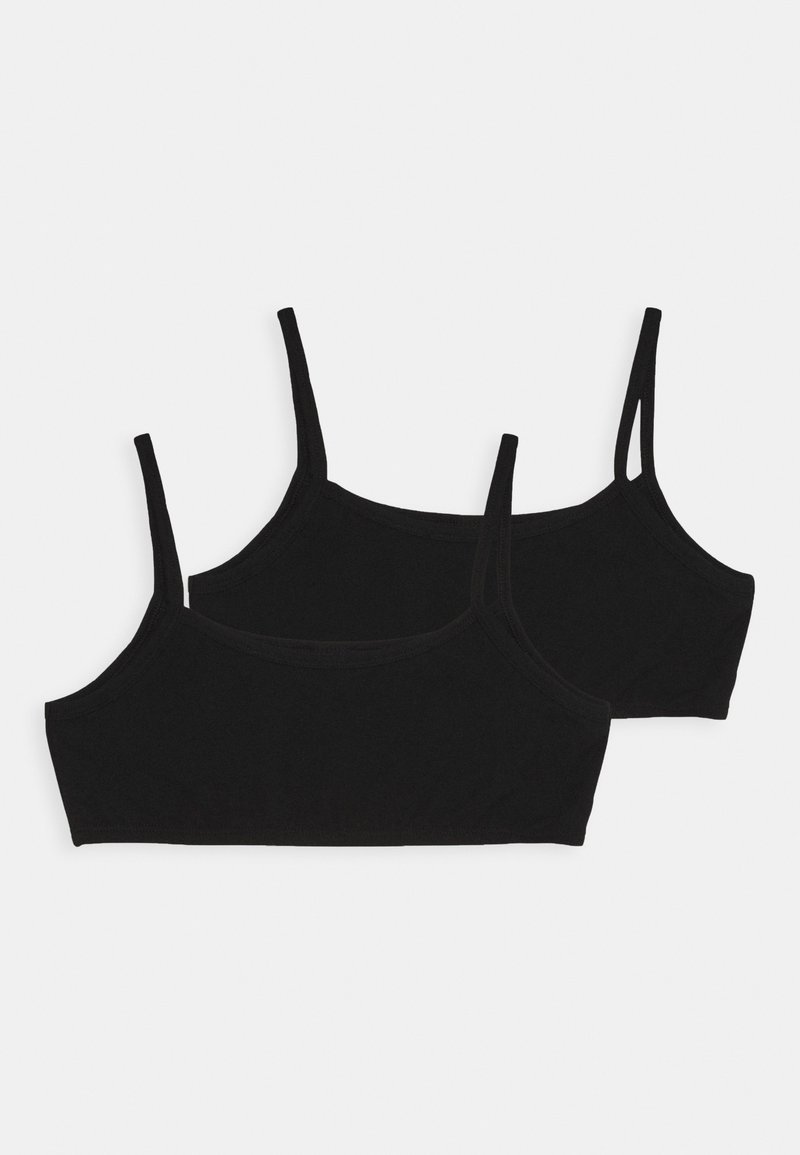 To svarte bomulls-braletter med spagettistropper, preget av en glatt tekstur og et enkelt, minimalistisk design. Ingen ekstra maskinvare eller dekorasjoner.