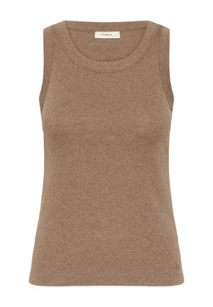 Top din tricot maro, cu decolteu rotund și design fără mâneci. Este fabricat dintr-un material moale, având o siluetă ajustată și un detaliu subtil cu etichetă.