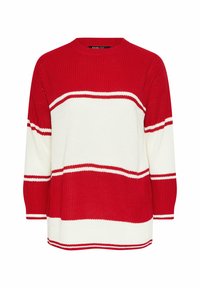 Punainen ja valkoinen raidallinen neulepaita, jossa on pyöreä kaula-aukko ja kolmannes hihat. Ominaisuutena teksturoitu materiaali, jossa on kontrastisia raidoja.