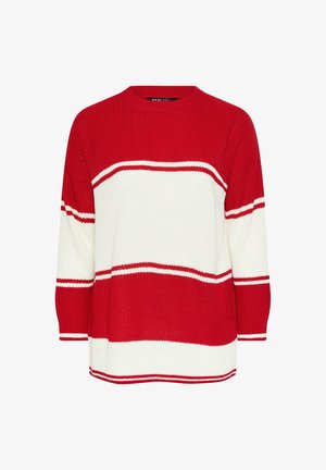 Punainen ja valkoinen raidallinen neulepaita, jossa on pyöreä kaula-aukko ja kolmannes hihat. Ominaisuutena teksturoitu materiaali, jossa on kontrastisia raidoja.