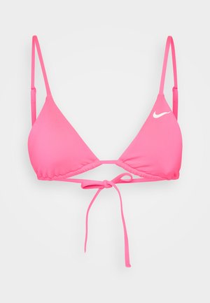 Rózsaszín háromszög bikini felső állítható vékony pántokkal, középen megkötős záródással és egy kis fehér logóval az egyik oldalon. Sima textúra.