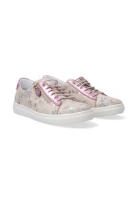 Floral-patterned sneakers with a beige base, pink patent accents, smooth texture, round toe, and white rubber sole. Features metallic hardware.
