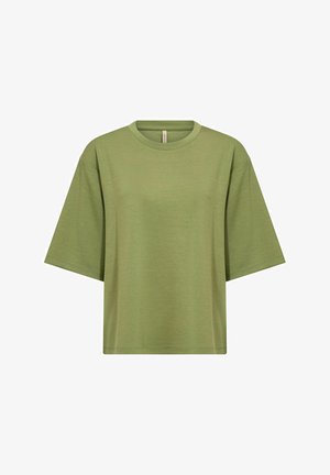 Short-sleeve, oversized T-shirt in light green fabric with a smooth texture and a round neckline. Simple design, no patterns or embellishments.