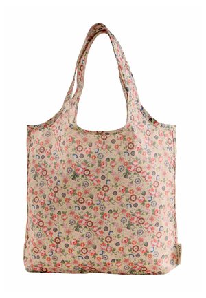 Sac fourre-tout réutilisable avec un motif floral rose et rouge sur fond beige, doté de deux poignées et d'une petite étiquette en tissu sur le côté.
