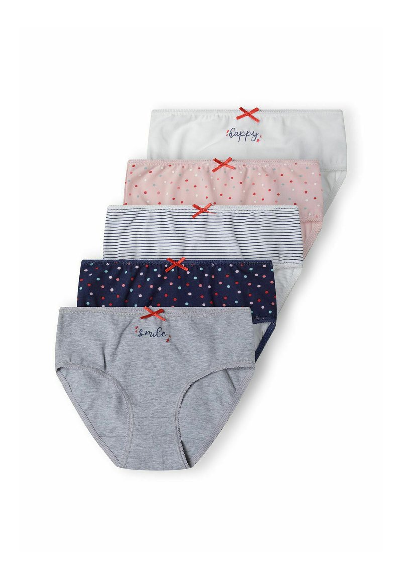 Pieci pāri meiteņu kokvilnas apakšveļas, krāsās pelēka, balta, rozā un tumši zila ar sarkaniem loka izšuvumiem, punktiņiem un teksta akcentiem "laimīgs" un "smaidi".
