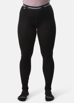 Zwarte leggings met een gladde structuur, voorzien van een brede tailleband met de tekst "SWEDEMOUNT." Aansluitend, enkel-lang ontwerp zonder zichtbare patronen.
