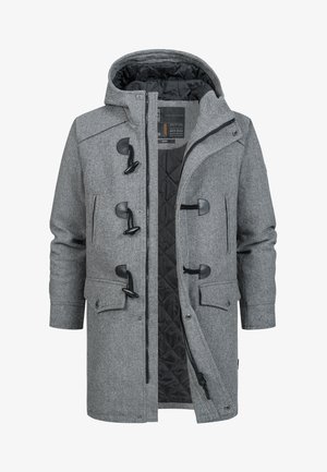 Szara parka z kapturem, z teksturowaną warstwą zewnętrzną, czarną, pikowaną podszewką, zapięciem na troczki i dwoma przednimi kieszeniami. Wewnątrz znajduje się suwak.