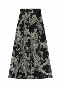 Gonna nera con motivo paisley in grigio e crema. Presenta un design plissettato e una cintura nera con una fibbia dorata decorativa.