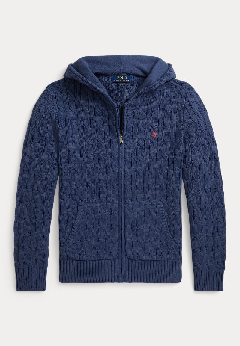 Sudadera con capucha azul marino de punto trenzado con cremallera, bolsillos delanteros y logo bordado rojo de Polo Ralph Lauren en el pecho.