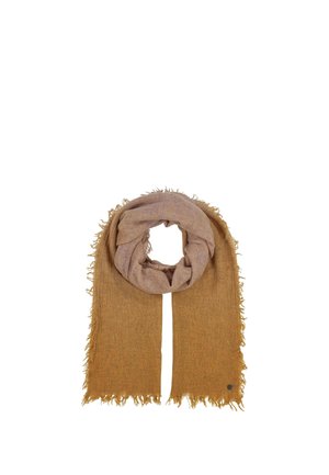 Écharpe tissée marron et beige avec des bords à franges, disposée en boucle sur fond blanc.