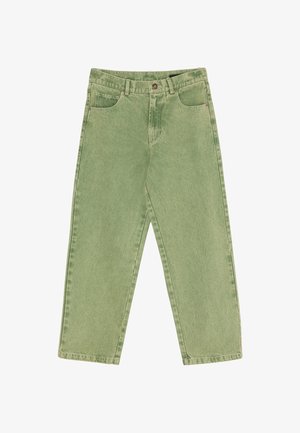 Jeans in denim verde chiaro con gambe dritte, chiusura con bottone e zip, tasche anteriori e posteriori, posizionati su uno sfondo bianco.