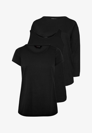 Trois hauts pour femmes noires disposés devant les uns les autres : manches courtes, sans manches avec encolure dégagée, et manches longues avec col rond.