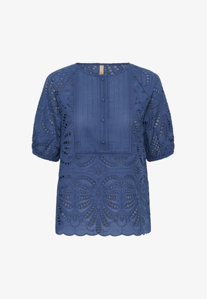 Blauwe blouse met korte mouwen, knoopsluiting aan de voorkant, broderie anglaise kantdetails en een gegolfde zoom.