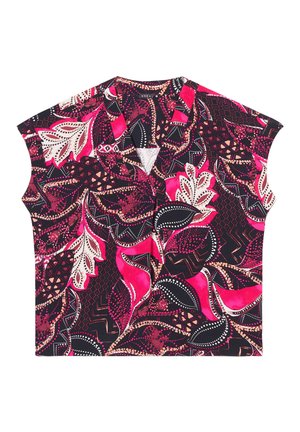 Korte mouwen top met een levendig bloemenpatroon in roze, wit en zwart. Gemaakt van lichte stof met een ontspannen pasvorm en kraag.