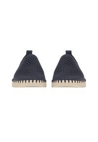 Navy perforated slip-on shoes with a rounded toe, featuring a cream-colored sole and rear pull tab for easy wear.